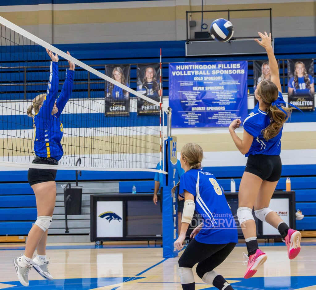 Huntingdon Fillies volleyball player Ellie Wilson spikes the ball in a 3-0 victory over Westview. The Fillies also defeated Fulton City to start the 2025 season with a 2-0 record. Photo by Russell Bush/Huntingdon Sports Pics.