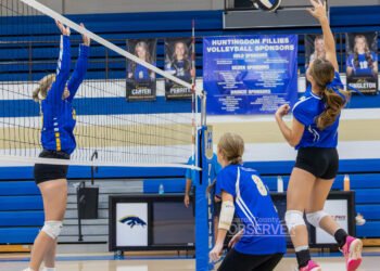 Huntingdon Fillies volleyball player Ellie Wilson spikes the ball in a 3-0 victory over Westview. The Fillies also defeated Fulton City to start the 2025 season with a 2-0 record. Photo by Russell Bush/Huntingdon Sports Pics.