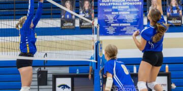 Huntingdon Fillies volleyball player Ellie Wilson spikes the ball in a 3-0 victory over Westview. The Fillies also defeated Fulton City to start the 2025 season with a 2-0 record. Photo by Russell Bush/Huntingdon Sports Pics.