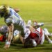 Huntingdon Mustangs quarterback Braylin Dearmon dives across the goal line for a touchdown against the McKenzie Rebels in Carroll County, Tennessee. Dearmon’s dominant night powered Huntingdon’s 41-21 win. Photo by Russell Bush/Huntingdon Sports Pics.