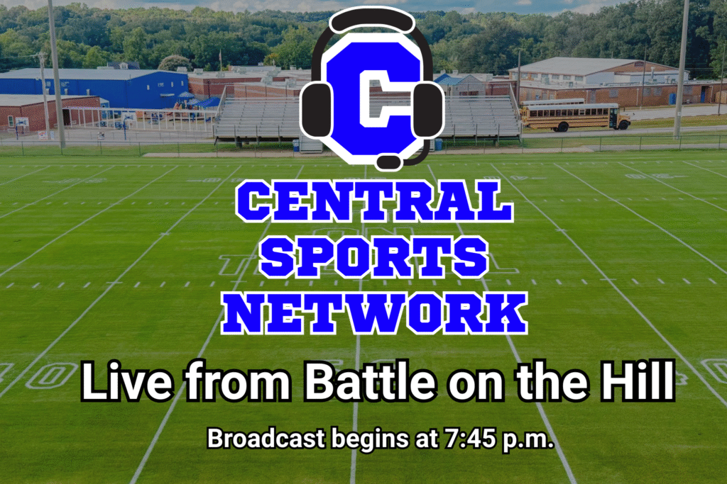 Central Sports Network logo over the Hollow Rock-Bruceton Central Tigers football field in Bruceton, TN, with text announcing live coverage from the Battle on the Hill starting at 7:45 p.m.