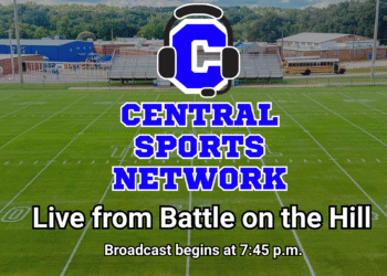 Central Sports Network logo over the Hollow Rock-Bruceton Central Tigers football field in Bruceton, TN, with text announcing live coverage from the Battle on the Hill starting at 7:45 p.m.