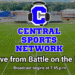 Central Sports Network logo over the Hollow Rock-Bruceton Central Tigers football field in Bruceton, TN, with text announcing live coverage from the Battle on the Hill starting at 7:45 p.m.