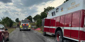 Fire trucks and emergency crews at Harris Road railroad crossing after fatal truck–train collision in Carroll County, Tennessee, on August 13, 2025.