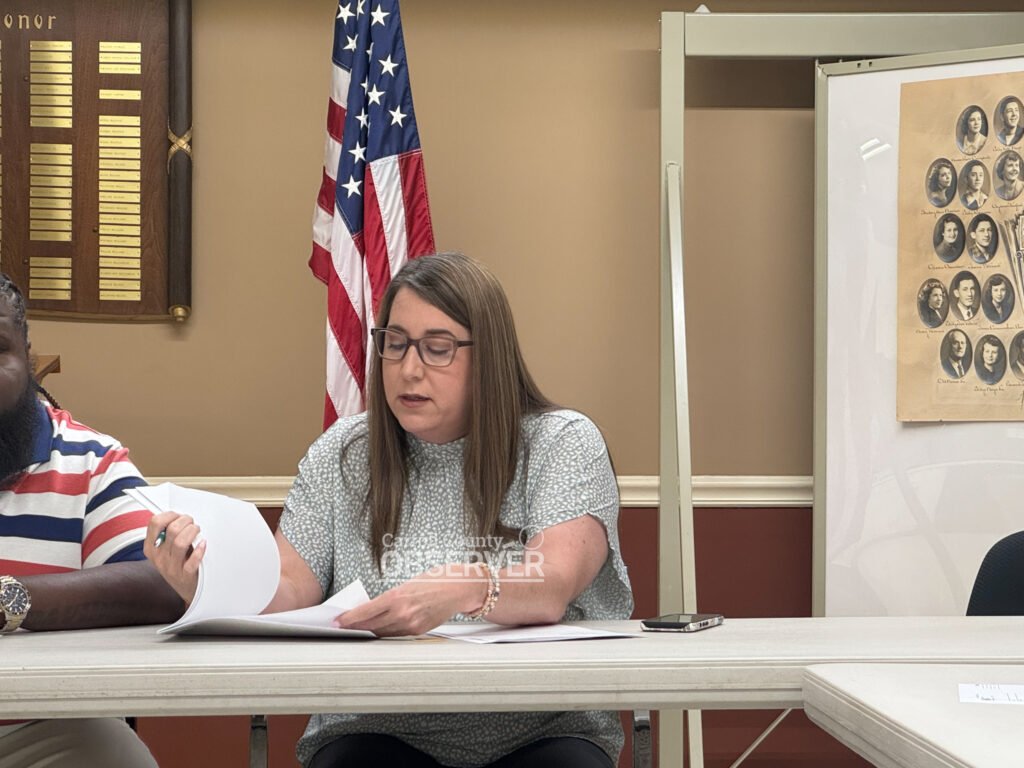 Atwood Recorder Amanda Browning reviews the city’s financial report during the Board of Mayor and Aldermen meeting in Atwood, Tennessee. Local government news from Carroll County. Photo by Jesse Joseph/Carroll County Observer
