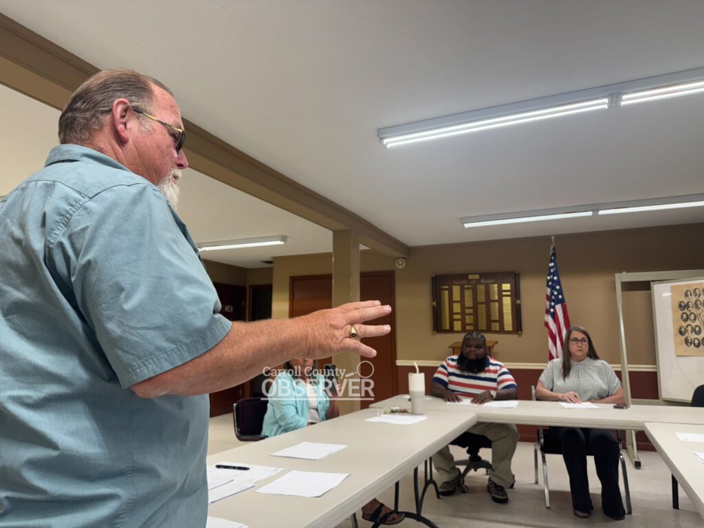Water operator Jim Cooper speaks at the Atwood, Tennessee Board of Mayor and Aldermen meeting about water system costs and maintenance. Carroll County local news coverage. Photo by Jesse Joseph/ Carroll County Observer