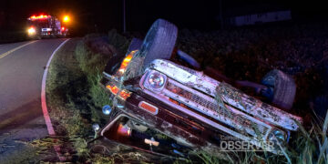 Overturned 1966 Chevy C15 pickup truck after DUI crash on Rimmer Road in Carroll County, TN, August 15, 2025.