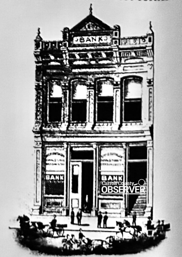 Historic illustration of the original Bank of Huntingdon building in Huntingdon, Tennessee, which later housed Maddox Law Office.