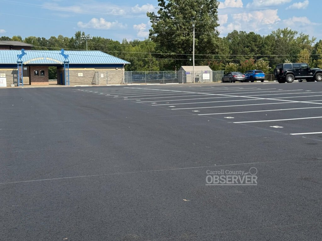 New pavement at Huntingdon High School parking lot following summer facility upgrades, Huntingdon Special School District, Carroll County, Tennessee. Photo by Jesse Joseph/Carroll County Observer