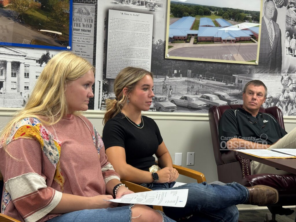 tudent representatives Madison Dill and Paige Costello give updates during the Huntingdon Special School District board meeting in Carroll County, Tennessee, August 20, 2025, with board member Clay Nolen. Photo by Jesse Joseph/Carroll County Observer