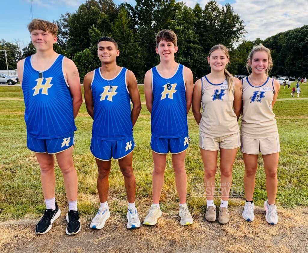 Huntingdon Mustangs cross country runners Carson Watters, Shawn Simpson (fourth place), Blaine Todd (second place), Lila McBride, and Paige Costello earned medals at their first meet of the 2025 season in Dresden, Tennessee. Photo by Russell Bush/Huntingdon Sports Pics.