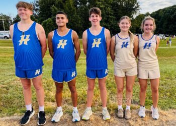 Huntingdon Mustangs cross country runners Carson Watters, Shawn Simpson (fourth place), Blaine Todd (second place), Lila McBride, and Paige Costello earned medals at their first meet of the 2025 season in Dresden, Tennessee. Photo by Russell Bush/Huntingdon Sports Pics.