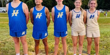 Huntingdon Mustangs cross country runners Carson Watters, Shawn Simpson (fourth place), Blaine Todd (second place), Lila McBride, and Paige Costello earned medals at their first meet of the 2025 season in Dresden, Tennessee. Photo by Russell Bush/Huntingdon Sports Pics.