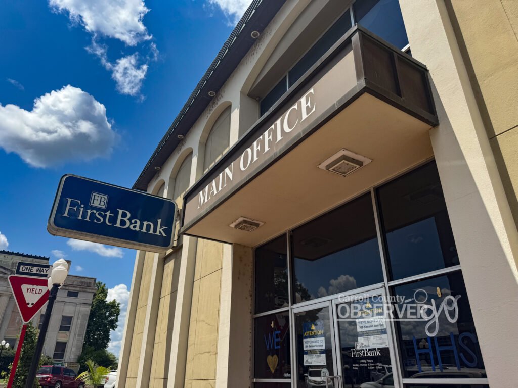 FirstBank main office on Court Square in Huntingdon, Tennessee. The historic bank building is slated for demolition and rebuild, with a new branch opening in 2026. Photo by Jesse Joseph/Carroll County Observer