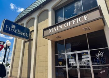 FirstBank main office on Court Square in Huntingdon, Tennessee. The historic bank building is slated for demolition and rebuild, with a new branch opening in 2026. Photo by Jesse Joseph/Carroll County Observer