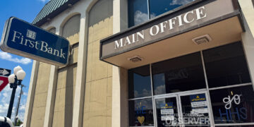 FirstBank main office on Court Square in Huntingdon, Tennessee. The historic bank building is slated for demolition and rebuild, with a new branch opening in 2026. Photo by Jesse Joseph/Carroll County Observer