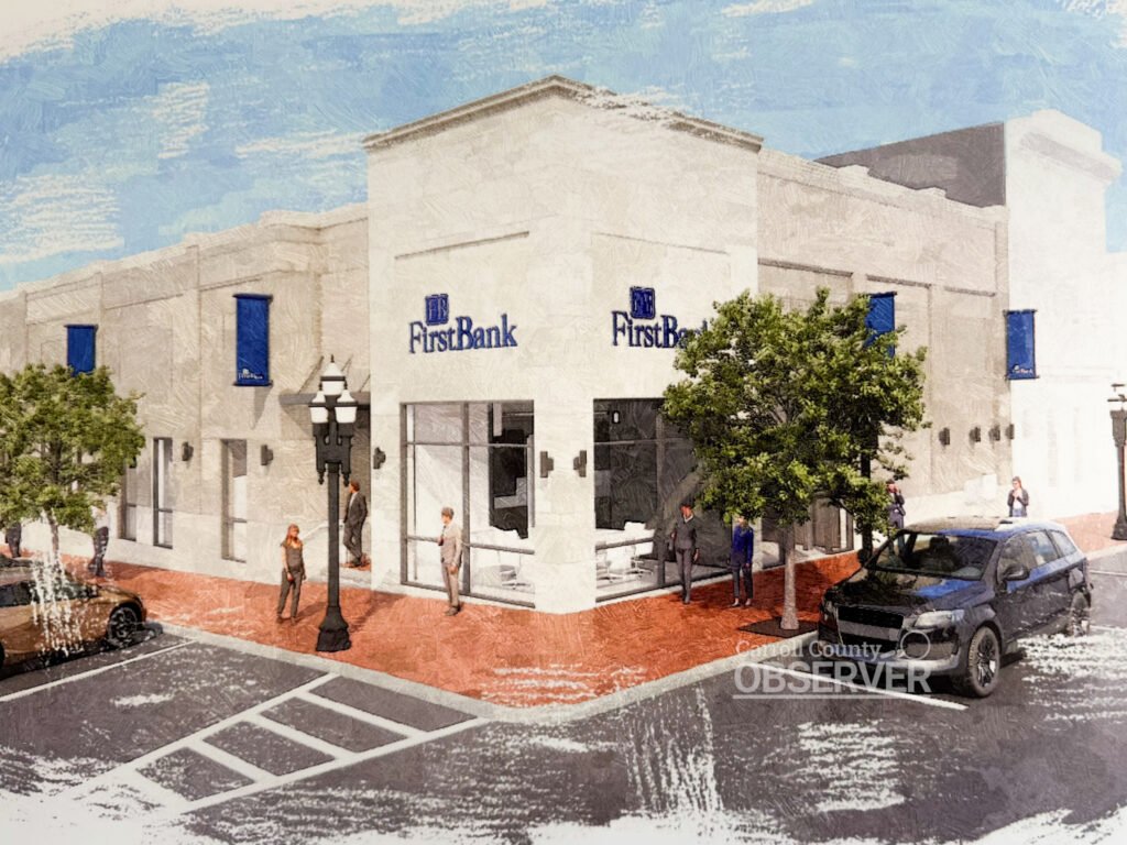 Architectural rendering of the new FirstBank branch on Court Square in Huntingdon, Tennessee, showing a modern exterior with pedestrians and vehicles.