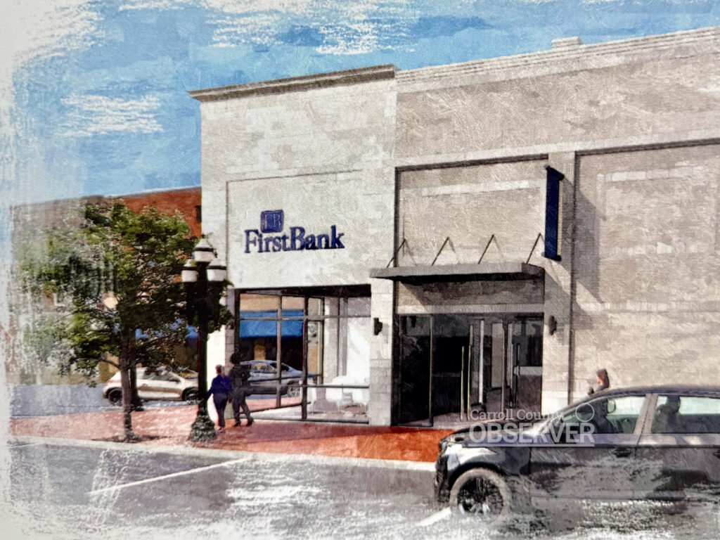 Rendering of the new FirstBank Huntingdon branch entrance on Court Square, featuring large glass doors and modern facade.