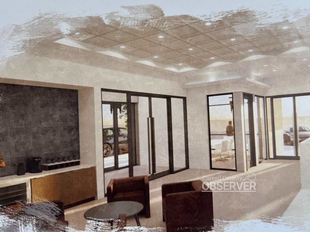 Interior rendering of FirstBank’s new Huntingdon branch lobby, designed with seating area, modern lighting, and glass walls.