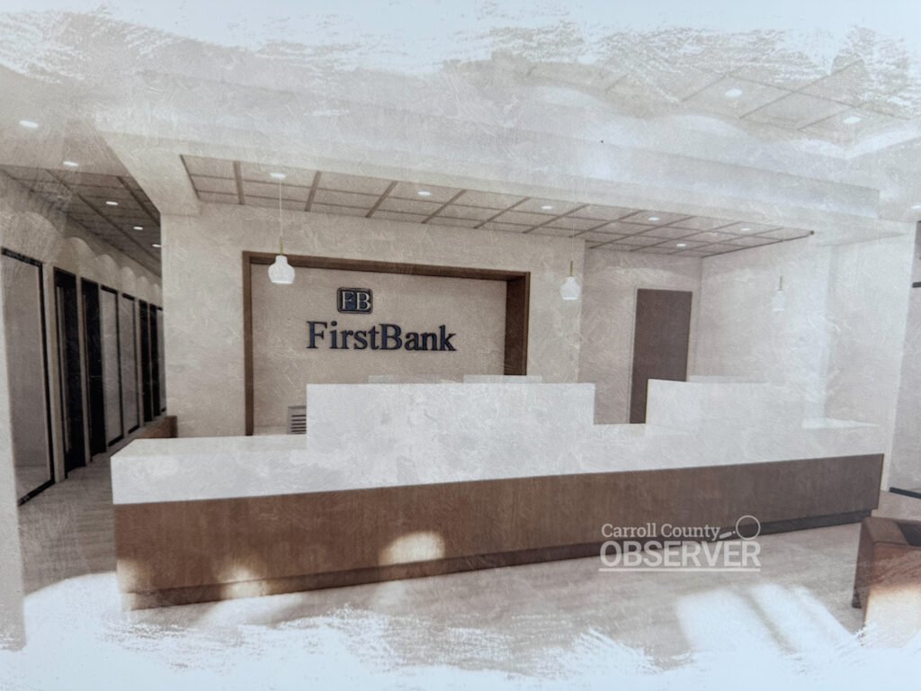 Interior rendering of the new FirstBank branch on Court Square in Huntingdon, Tennessee, showing teller stations and glass offices.