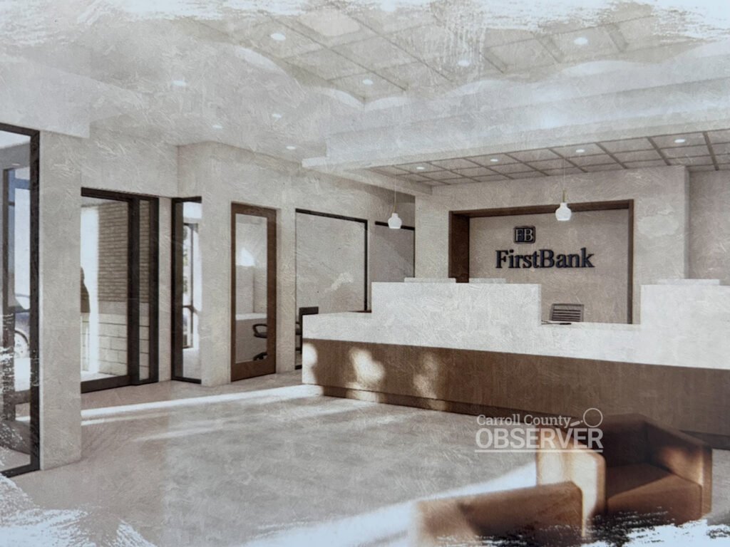Rendering of the teller counters in the new FirstBank Huntingdon branch, with modern white counters and pendant lighting.