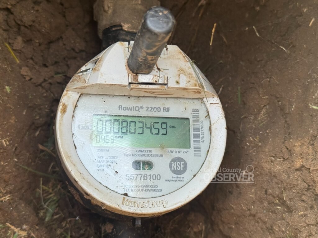 Digital water meter installed in Bruceton, Tennessee, part of the town’s upgrade to advanced meters that allow residents to monitor monthly, daily, and hourly water usage online at getmymeter.info.