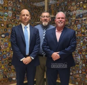 Secret Service Agent Charles Pankenier with CCTC Principal Joe Norval and Criminal Justice Instructor Dr. John Tankersley. Photo courtesy Carroll County Technical Center / Carroll County Observer.