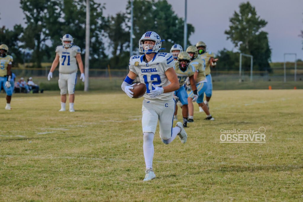 Tanner Walters of Hollow Rock-Bruceton Central runs the ball during the win over Fulton County, adding 65 receiving yards and two touchdowns.