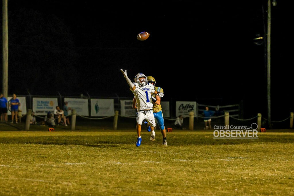 Brady Roberts of Hollow Rock-Bruceton Central attempts a catch in the win over Fulton County, where he became the school’s all-time receiving leader with 1,579 yards.