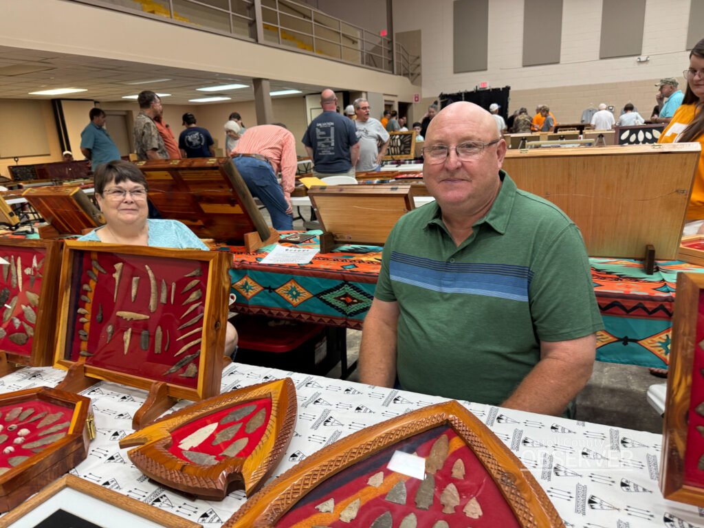 Sandra and Ricky Waters of Big Sandy with their arrowhead and artifact displays at the Jimmy French Memorial Artifact Show. Photo by Jesse Joseph/Carroll County Observer.