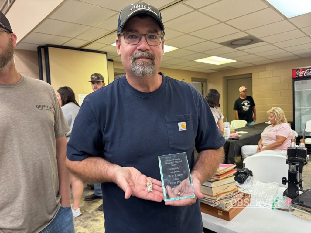 John Beasley holds his first-place Best Recent Find award at the Jimmy French Memorial Artifact Show. Photo by Jesse Joseph/Carroll County Observer.