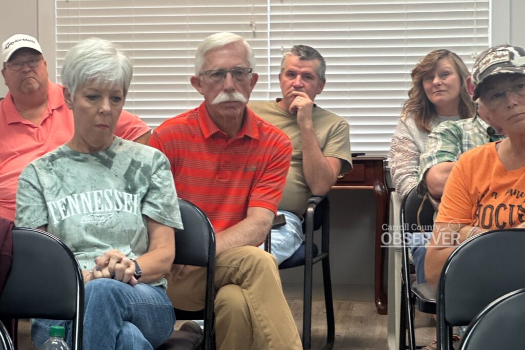 David Bryant and Trezevant residents attend a public hearing on the tiny house ordinance, where concerns about property values and minimum size requirements were discussed. Carroll County Observer photo.