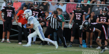 Hollow Rock-Bruceton receiver Brady Roberts breaks away down the sideline for a first-quarter touchdown against Gleason. Photo by Jesse Joseph/Carroll County Observer.