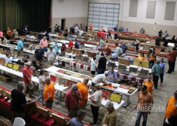 Wide view of the main floor at the Jimmy French Memorial Artifact Show with hundreds of visitors and more than 100 tables of artifacts. Photo by Jesse Joseph/Carroll County Observer.