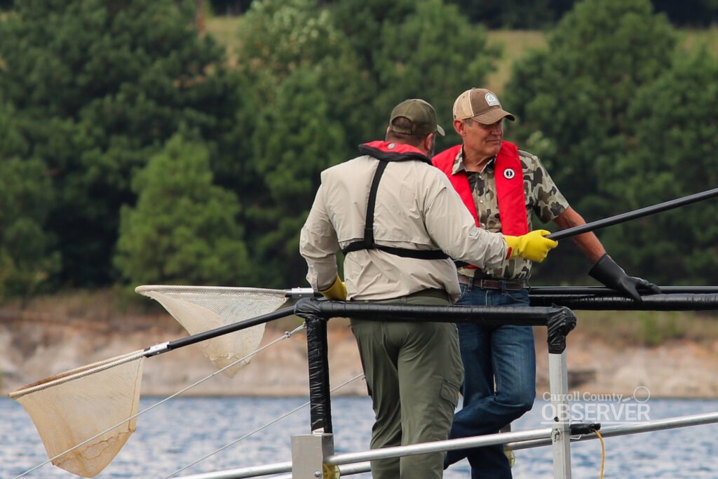 Governor Bill Lee participates in an electrofishing demonstration with TWRA biologists at Lake Halford, using equipment that stuns fish temporarily for research. Photo by Jesse Joseph/Carroll County Observer.