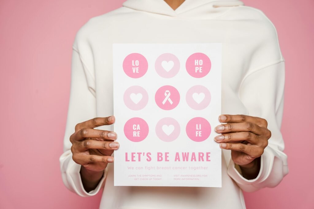 Poster advocating breast cancer awareness with positive messages and symbols.
