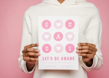 Poster advocating breast cancer awareness with positive messages and symbols.