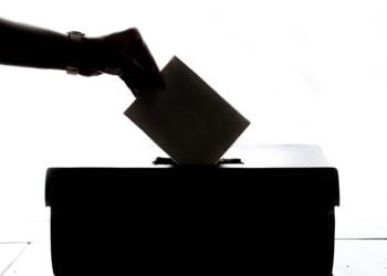 Silhouette of a hand placing a vote into a ballot box, symbolizing democracy.