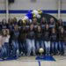 Huntingdon Middle School Fillies basketball team group photo with state championship trophy at Bill Ezell-David Hale Gymnasium.