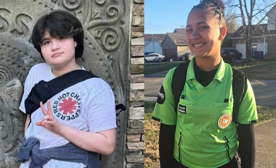 Side-by-side photos of Zoe Davis, wearing a Red Hot Chili Peppers t-shirt, and Arianna Pearson, wearing a green athletic jersey, the two Kenwood Middle School students killed in the Carroll County bus crash on March 27, 2026.
