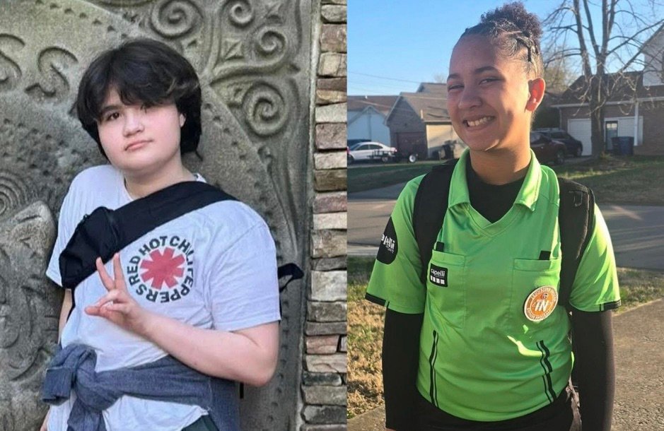 Side-by-side photos of Zoe Davis, wearing a Red Hot Chili Peppers t-shirt, and Arianna Pearson, wearing a green athletic jersey, the two Kenwood Middle School students killed in the Carroll County bus crash on March 27, 2026.