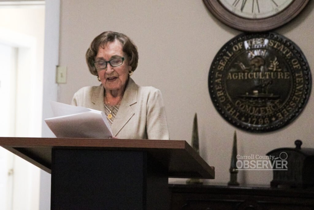 Anita Shaw Utley Hurt Boyd reads from her remarks at a podium during the Huntingdon Historical Society meeting on April 15, 2026.