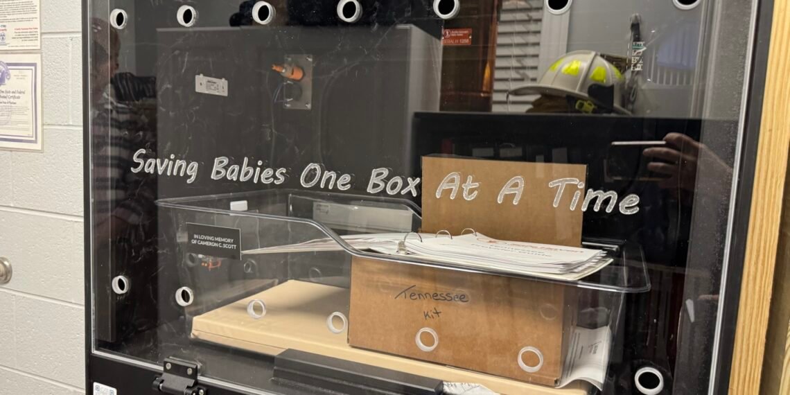 Interior of a Safe Haven baby box with a bassinet labeled "In Loving Memory of Cameron C. Scott" and a Tennessee kit inside.